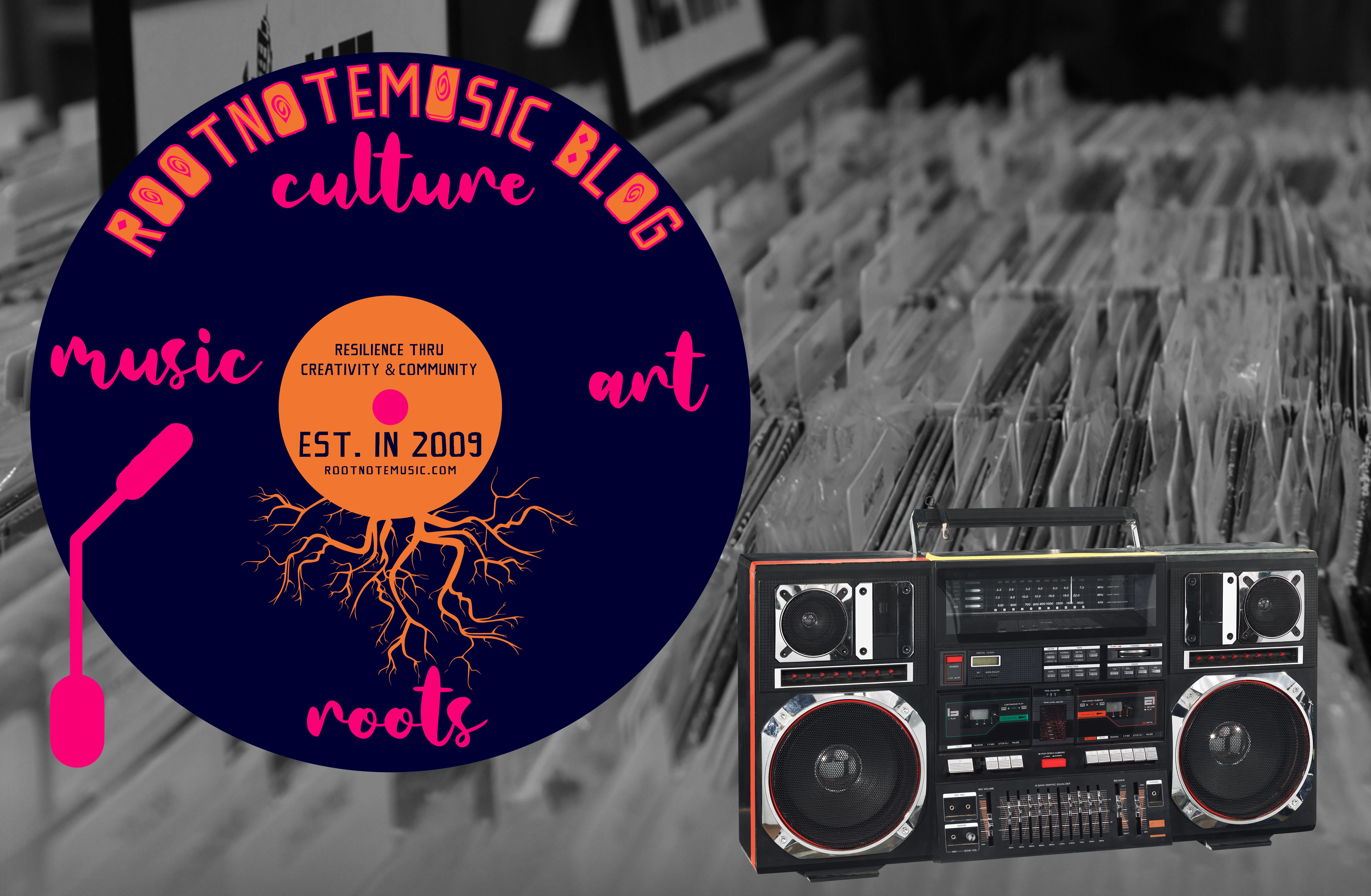 blk and white photo of record store bin with a boombox in lower right corner, overlay is Rootnotemusic.com logo